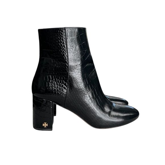 Tory Burch Brooke 70 MM Booties Croc Embosssed Black Ankle Boots - Picture 1 of 15